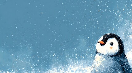 Cute baby penguin with fluffy feathers and blue snowy background. looking to the left with copy sp