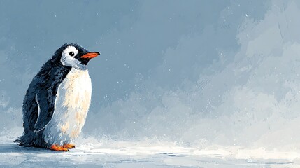 Adorable little penguin standing in a snowy landscape with soft blue background. artistic painting