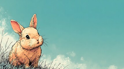 Cute cartoon baby rabbit sitting in grass with teal sky and soft white clouds background
