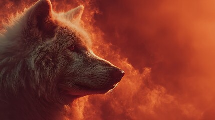 Profile of a white wolf head with fiery red smoke and embers in the background. dramatic lighting.