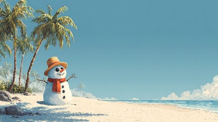 Whimsical Snowman with Straw Hat and Scarf on Tropical Beach with Palm Trees