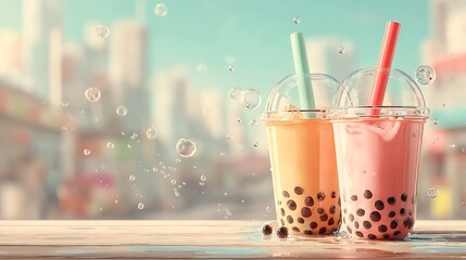 Two refreshing bubble tea drinks. peach and strawberry flavors. with tapioca pearls and straws. on