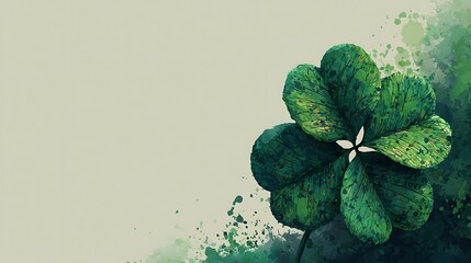 Abstract Green Four Leaf Clover Illustration with Splattered Paint Texture. Symbol of Luck
