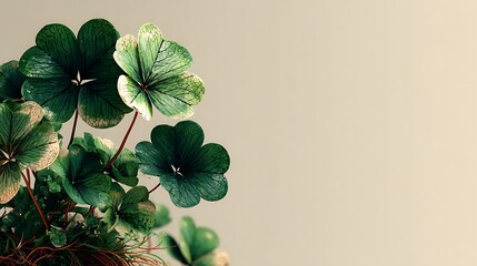 Lucky green shamrock leaves with intricate veins in a stylized illustration. isolated on a soft be