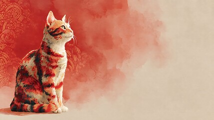 Artistic illustration of a fluffy calico cat sitting gracefully against a watercolor background wi