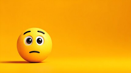 Sad yellow emoji with big eyes and downturned mouth against a plain orange background. 3D render
