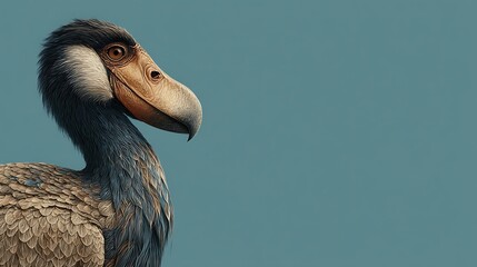 Detailed close up portrait of a dodo bird with textured feathers and a pale blue background. illus