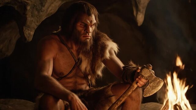 A stoic caveman with axe sits by fire in a cave