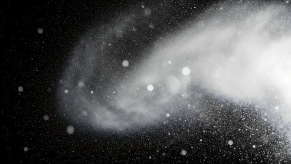 A grayscale astronomical image of a nebula in space with a bright core and scattered particles