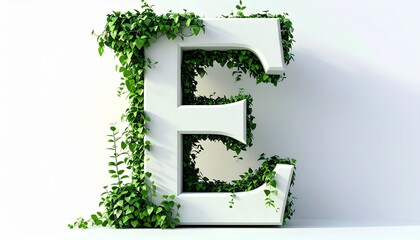 A striking white three-dimensional letter 'E' adorned with lush green vines, beautifully contrasting against a bright, minimalist background, evoking concepts of nature, growth, and organic design