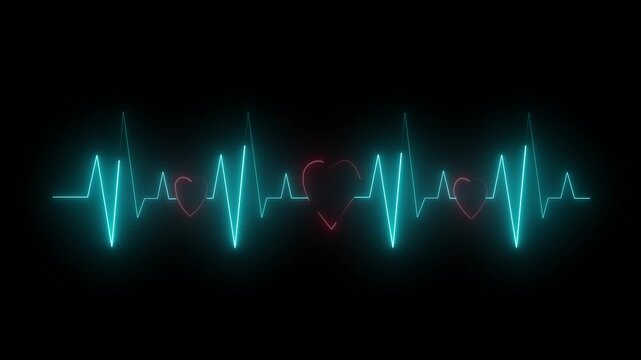 Glowing heartbeat electrocardiogram animated neon ecg line on black background