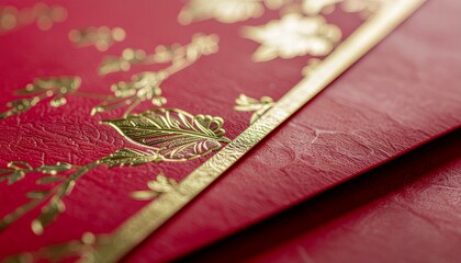 Red Envelope with Gold Leaf Edges. Chinese New Year. An close-up of a premium red envelope where the edges are not printed, but feature a subtle, luxurious hand-applied gold leaf border detail. .
