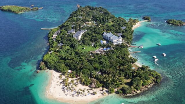 Aerial drone view of Cayo Levantado island in Samana Bay, Dominican Republic.