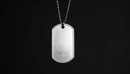 A lone, brushed metal military dog tag, suspended by a silver chain against a stark dark background, evokes themes of identity, sacrifice, and memory
