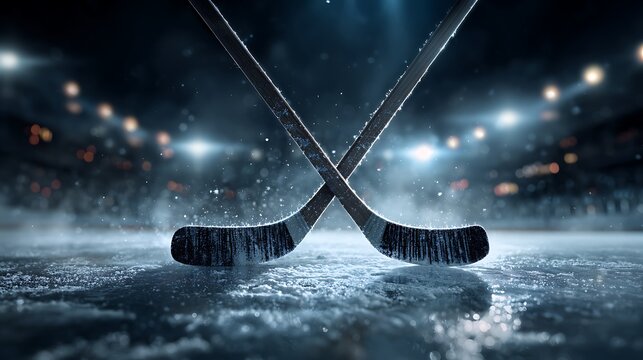 Dramatic ice hockey sticks crossed on icy rink. stadium lights and bokeh background. sports action