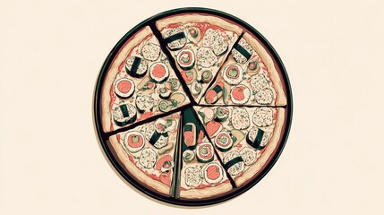 Pixel Art Pizza with Mushrooms and Tomato Slices on Beige Background in Retro Style Top View