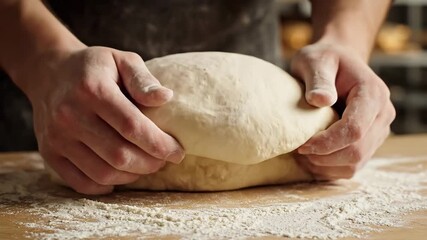 Closeup shot of skilled hands meticulously kneading fresh elastic dough on a rustic wooden table lightly dusted with flour preparing it for baking delicious homemade bread or pastries with traditiona.