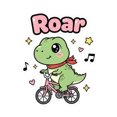 Cute Dinosaur Riding a Bicycle with Roar Text.