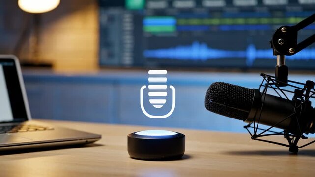Podcast studio microphone digital audio growth monetization concept professional desk workspace creative workstation modern workspace night focus broadcast communication business strategy media online