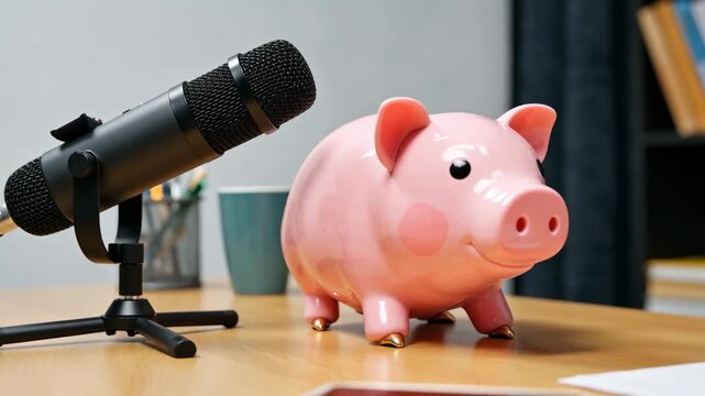 Podcast microphone piggy bank money growth monetization finance studio desk audio savings concept business investment communication digital finance growth concept with pink piggy bank symbol saving
