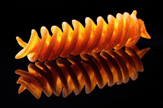 Single Orange Spirali Pasta on Glossy Black Background with Reflection and Studio Lighting