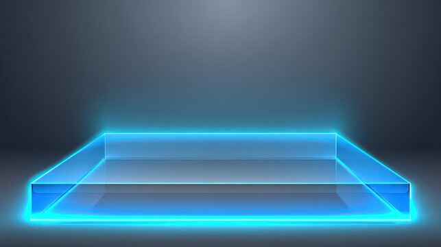 Gleaming Clear Glass Pedestal with Electric Blue Neon Edges Against a Dark Grey Background with Soft Spot Lighting