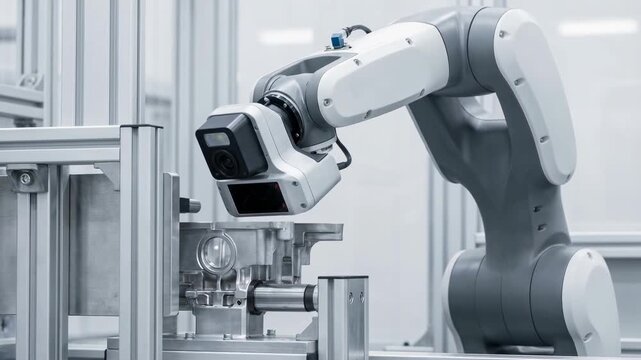 Robotics automation industry ai factory robot arm camera machine vision precise inspection productivity metal component quality control modern technology industrial robot arm smart manufacturing