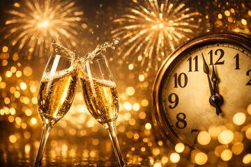 Luxury New Year celebration with champagne glasses toast fireworks and midnight clock in golden festive background
