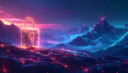 Cybersecurity landscape with glowing padlock and network connections symbolizing data protection and digital security in a futuristic neon mountain range