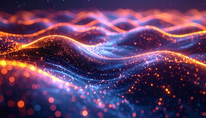 Vibrant abstract waves of shimmering particles depicting futuristic data streams or energy flow in a dynamic, high-tech digital environment