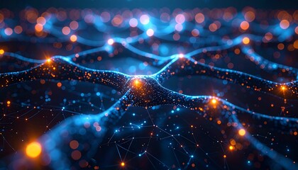 Abstract Neural Network Visualization with Glowing Nodes and Interconnected Lines on a Dark Background
