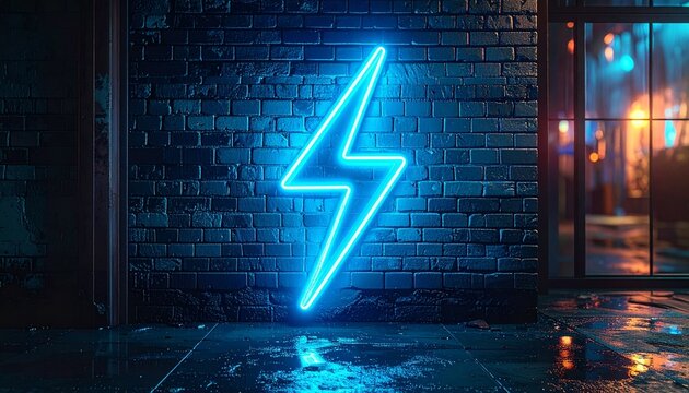Vibrant blue neon lightning bolt illuminated on a wet brick wall at night