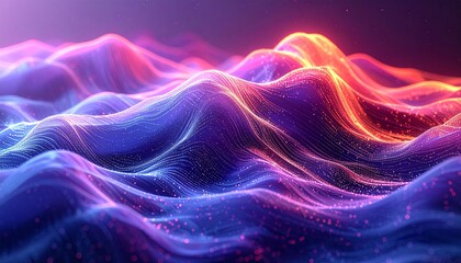Dynamic Digital Waveform Landscape Abstract Glowing Particles Flowing in Vibrant Neon Hues, Illustrating Advanced Technology and Data Visualization