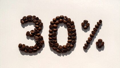 Thirty percent of coffee beans arranged in a circle on a white background, representing a discount or offer