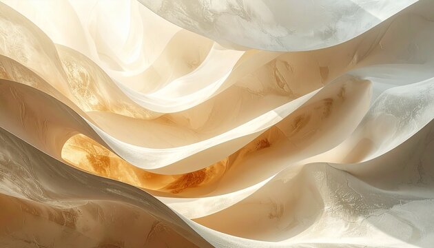 Luminous abstract waves of flowing forms in warm earthy tones, capturing elegant movement and soft textures with ethereal light and shadow play in a serene visual composition
