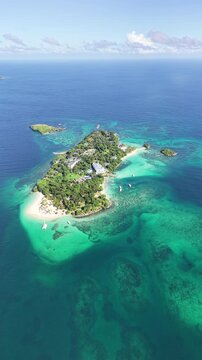 Aerial drone view of Cayo Levantado island in Samana Bay, Dominican Republic.