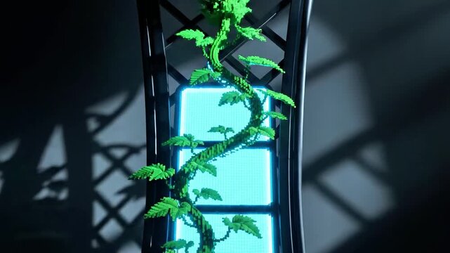 A close-up of a vine with green leaves growing up a black metal trellis illuminated by blue light on a dark background