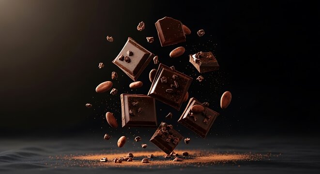 Decadent Chocolate Squares and Almonds in Dramatic Mid-Air Suspension. - Powered by Adobe