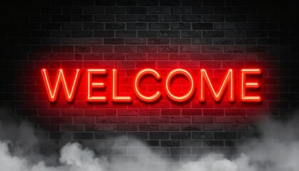 Warm Welcome Neon Sign Vibrant Red Illumination on a Moody Brick Wall with Wisps of Smoke