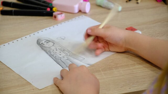 Anime person, sad girl, emo. Child, teenager girl drawing sketch picture, crying girl. Hand drawing Youth culture	