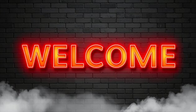 Red neon welcome sign with smoke against a brick wall, a warm invitation