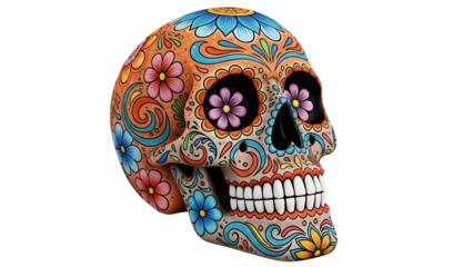 Colorful sugar skull with floral patterns