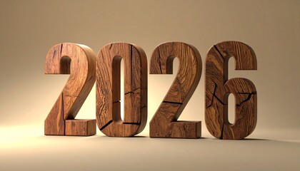 Rustic wooden numbers '2026' creating a warm, natural aesthetic with intricate details and a soft, illuminated background