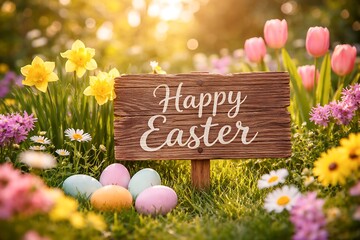Happy Easter wood sign on green grass with colorful eggs and spring flowers. Holiday greeting card backdrop for celebration.