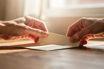Male hand inserting document into envelope, communicating by mail. Secret letter or message delivery concept. Receiving mail.