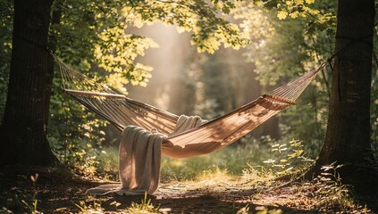 Empty hammock with blanket hanging between two trees in a dappled forest, evoking peace and relaxation in nature. Ideal for travel and stress relief concept.