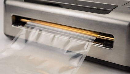 Food vacuum sealing machine with clear bag inserted for preservation of freshness. Kitchen appliance for packaging and storage concept.