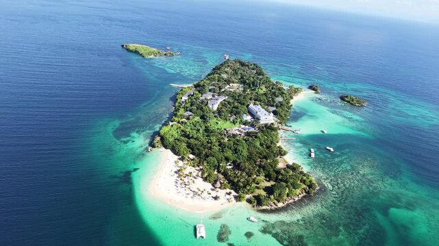 Aerial drone view of Cayo Levantado island in Samana Bay, Dominican Republic.