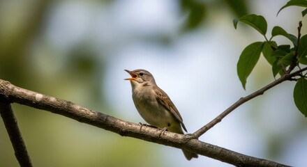 Small Songbird Perched on Branch with Open Beak, Singing Melodiously in a Sunny Natural Habitat