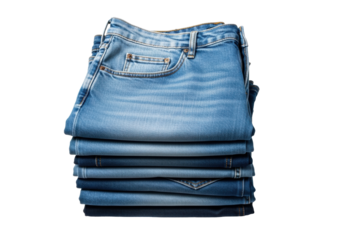 Neat stack of folded blue denim jeans, varied shades, visible pockets, rivets, and seams, on a transparent studio background with bright, diffuse light, concept of commercial product quality